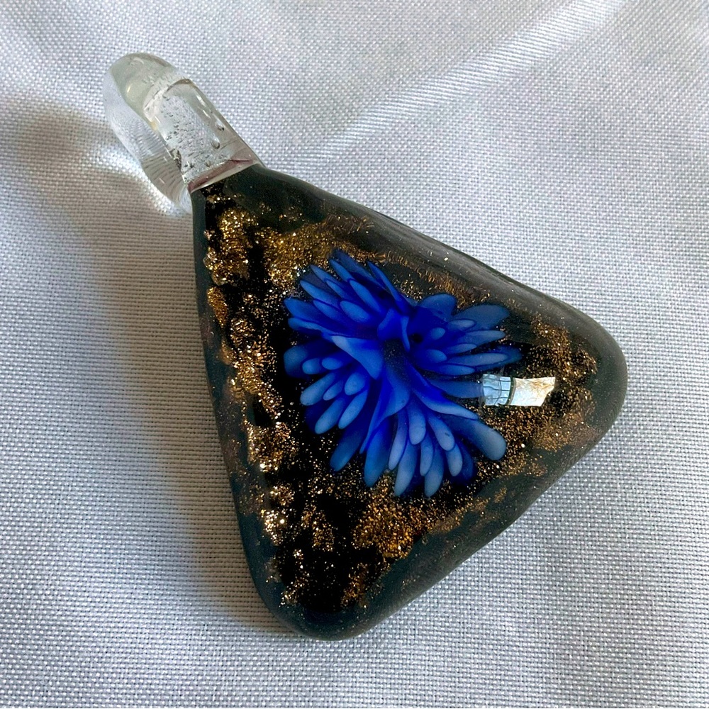 Handcrafted Lampwork Glass Pendant. Triangle. Blue Flower.
